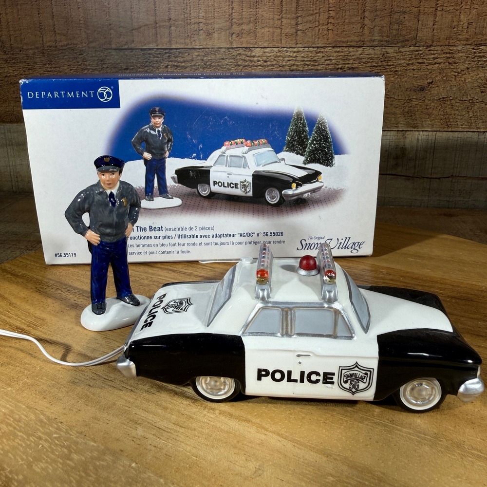 Dept 56 On The Beat Snow Village Set Black White Police Car Officer 56.55119